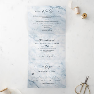 Invitation Trois Volets Élégant Moonlight Bleu Mariage en marbre métalliqu