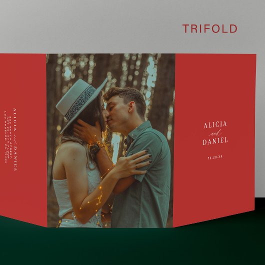 Invitation Trois Volets Élégant Noël simple rouge photo mariage RSVP QR