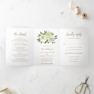 Invitation Trois Volets Élégant or blanc Floral Mariage moderne