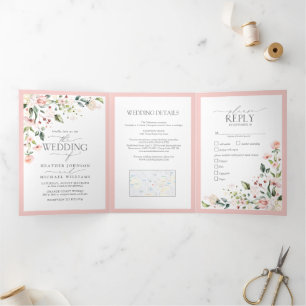 Invitation Trois Volets Elégant Peach Rose Aquarelle Mariage de repas flor