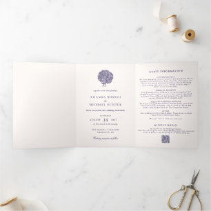 Invitation Trois Volets Élégant Peacock Vintage Midnight Blue Mariage