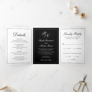 Invitation Trois Volets Élégant Photo Formelle Noir Monogramme Mariage