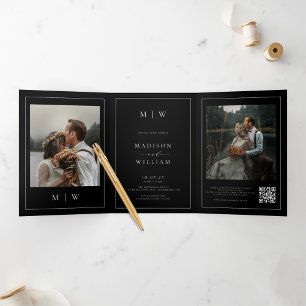 Invitation Trois Volets Elegant Photo RSVP Détails QR Code Mariage noir