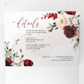 Invitation Trois Volets Elégant Rustique Blush Bourgogne Aquarelle Fleurs (Intérieur en premier)