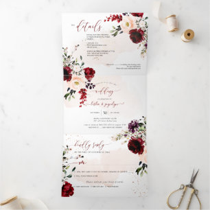 Invitation Trois Volets Elégant Rustique Blush Bourgogne Aquarelle Fleurs
