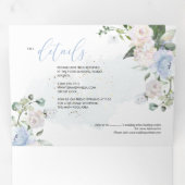 Invitation Trois Volets Elégant Rustique Dusty Roses d'aquarelle bleu (Intérieur en premier)