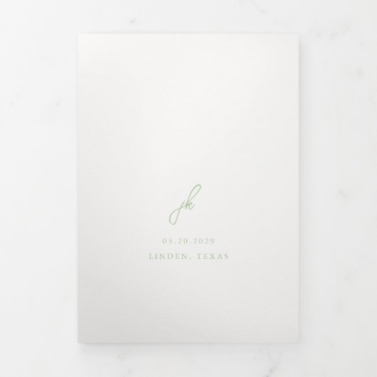 Invitation Trois Volets Élégant Sage Green Script Monogramme Mariage (Page de couverture)
