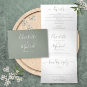 Invitation Trois Volets Élégant Sage Green Script Monogramme Mariage