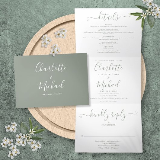 Invitation Trois Volets Élégant Sage Green Script Monogramme Mariage