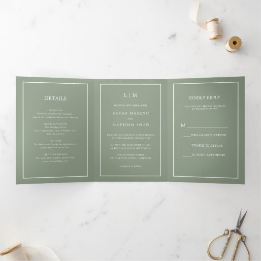 Invitation Trois Volets Élégant Sage Vert Monogramme Simple Mariage (Intérieur)