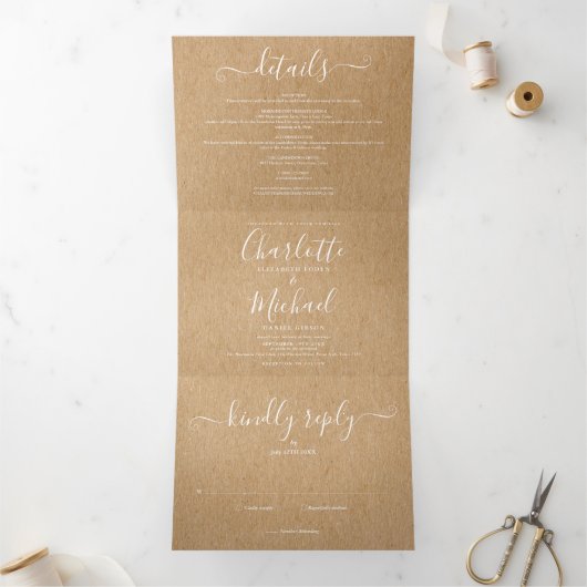 Invitation Trois Volets Élégant Script Rustic Kraft Mariage photo (Intérieur)