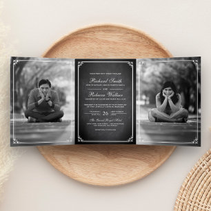 Invitation Trois Volets Élégant Simple Classique Mariage Photo Tableau Noi