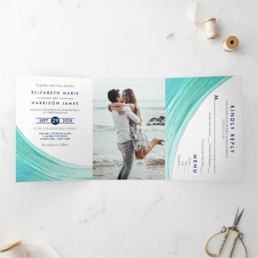 Invitation Trois Volets Elégant Turquoise Tides Beach Wedding Suite (Intérieur)