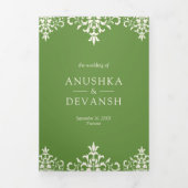Invitation Trois Volets Élégant vert Damas Mariage indien traditionnel (Page de couverture)
