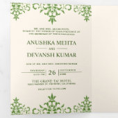 Invitation Trois Volets Élégant vert Damas Mariage indien traditionnel (Intérieur en premier)