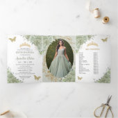Invitation Trois Volets Élégant Vert Sauge Floral Papillons Quinceañera (Intérieur)
