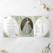 Invitation Trois Volets Élégant Vert Sauge Floral Papillons Quinceañera (Intérieur)