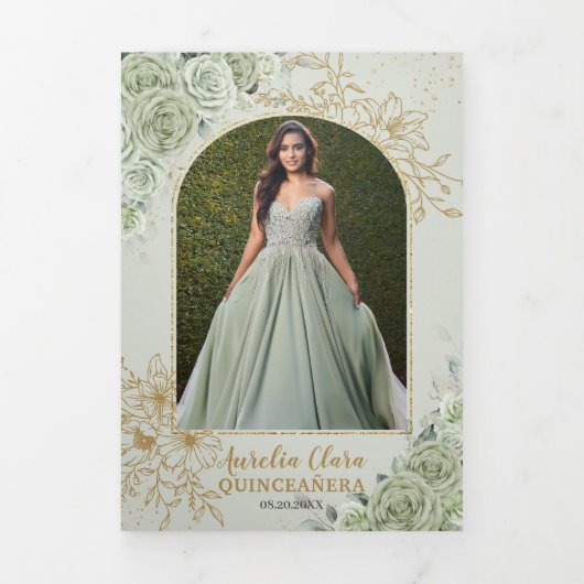 Invitation Trois Volets Élégant Vert Sauge Floral Papillons Quinceañera (Page de couverture)