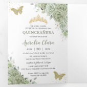 Invitation Trois Volets Élégant Vert Sauge Floral Papillons Quinceañera (Intérieur en premier)