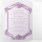 Invitation Trois Volets Elégant Violet Bilingue Quinceañera 15e anniversai (Intérieur en premier)