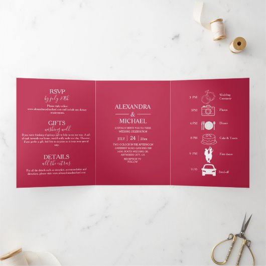 Invitation Trois Volets Élégant Viva Magenta Script Mariage (Intérieur)
