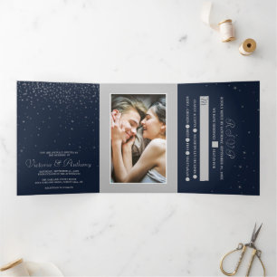 Invitation Trois Volets Elégante Marine & Silver Falling Stars Mariage Sui