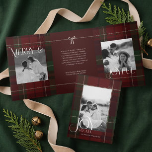 Invitation Trois Volets Élégante Photo de Famille Rouge et Vert à Carreaux