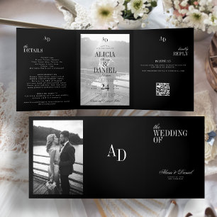 Invitation Trois Volets Élégante photo de mariage noir RSVP QR tout en un