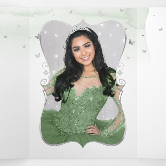 Invitation Trois Volets Elégante Photo Espagnol Sage Green Silver Quince (Intérieur au milieu)