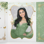 Invitation Trois Volets Elégante Photo Espagnol Sage Vert Or Quinceanera (Intérieur au milieu)