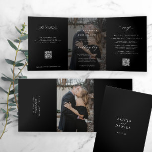 Invitation Trois Volets Elégante photo mariage noir RSVP détails code QR