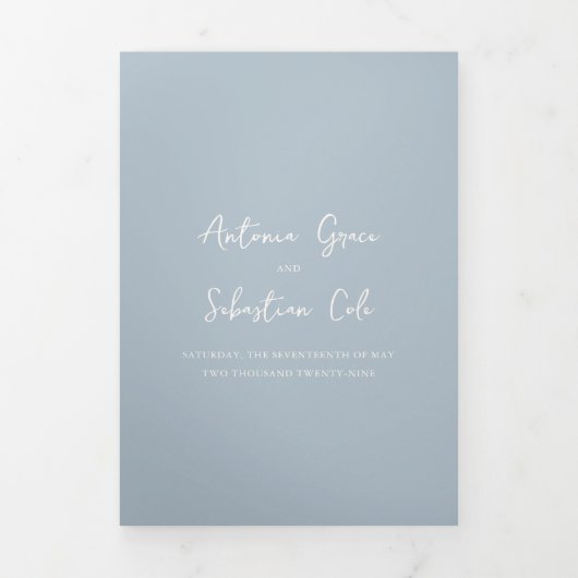 Invitation Trois Volets Élégante Poudre Bleu QR Code moderne Mariage (Page de couverture)