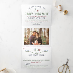 Invitation Trois Volets Elégante Suite de Baby showers Fleurs sauvages bla