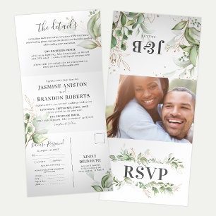 Invitation Trois Volets Elégante verdure et Mariage d'or tout en un