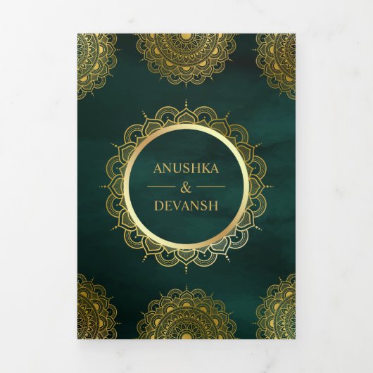 Invitation Trois Volets Emerald and Gold Asian Mandala Mariage indien (Page de couverture)