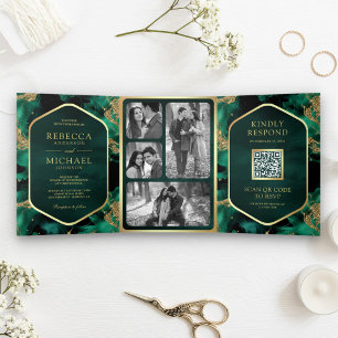 Invitation Trois Volets Emerald Gold Abstrait Fluid Ink QR Code Mariage