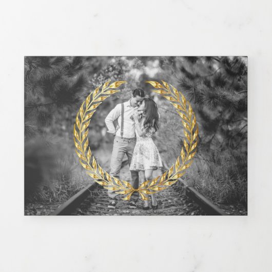 Invitation Trois Volets Emerald Gold Laurel Minimal tout en un Mariage (Page de couverture)