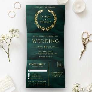 Invitation Trois Volets Emerald Gold Laurel Minimal tout en un Mariage