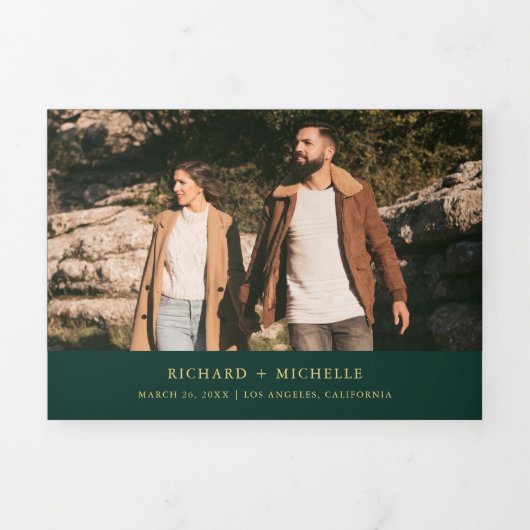 Invitation Trois Volets Emerald Gold Minimal Arch Photo QR code Wedding (Page de couverture)