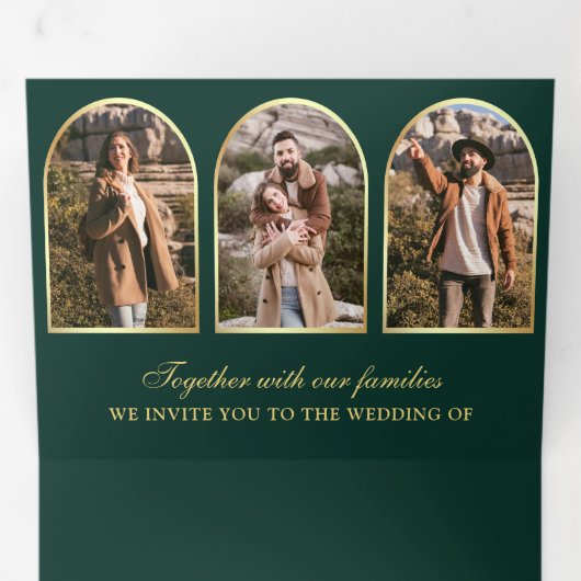 Invitation Trois Volets Emerald Gold Minimal Arch Photo QR code Wedding (Intérieur en premier)