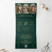 Invitation Trois Volets Emerald Gold Minimal Arch Photo QR code Wedding (Intérieur)