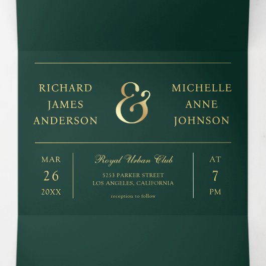 Invitation Trois Volets Emerald Gold Minimal Arch Photo QR code Wedding (Intérieur au milieu)