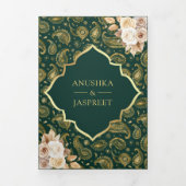 Invitation Trois Volets Emerald Gold Paisley Floral QR Code Mariage indien (Page de couverture)