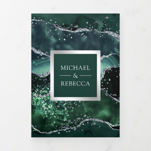 Invitation Trois Volets Emerald Green Agate Marbre QR Code Mariage (Page de couverture)
