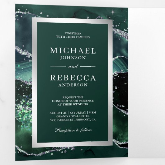 Invitation Trois Volets Emerald Green Agate Marbre QR Code Mariage (Intérieur en premier)
