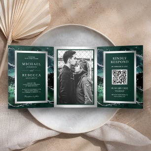 Invitation Trois Volets Emerald Green Agate Marbre QR Code Mariage