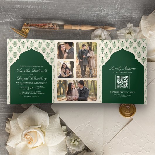 Invitation Trois Volets Emerald Green Cream Ikat All in One Mariage indien