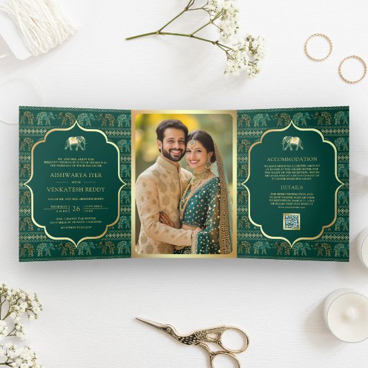 Invitation Trois Volets Emerald Green Elephant Mariage photo indien