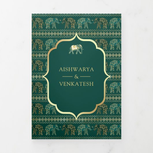 Invitation Trois Volets Emerald Green Elephant Mariage photo indien (Page de couverture)