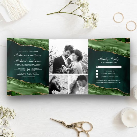 Invitation Trois Volets Emerald Green et Gold Agate Photo Collage Mariage